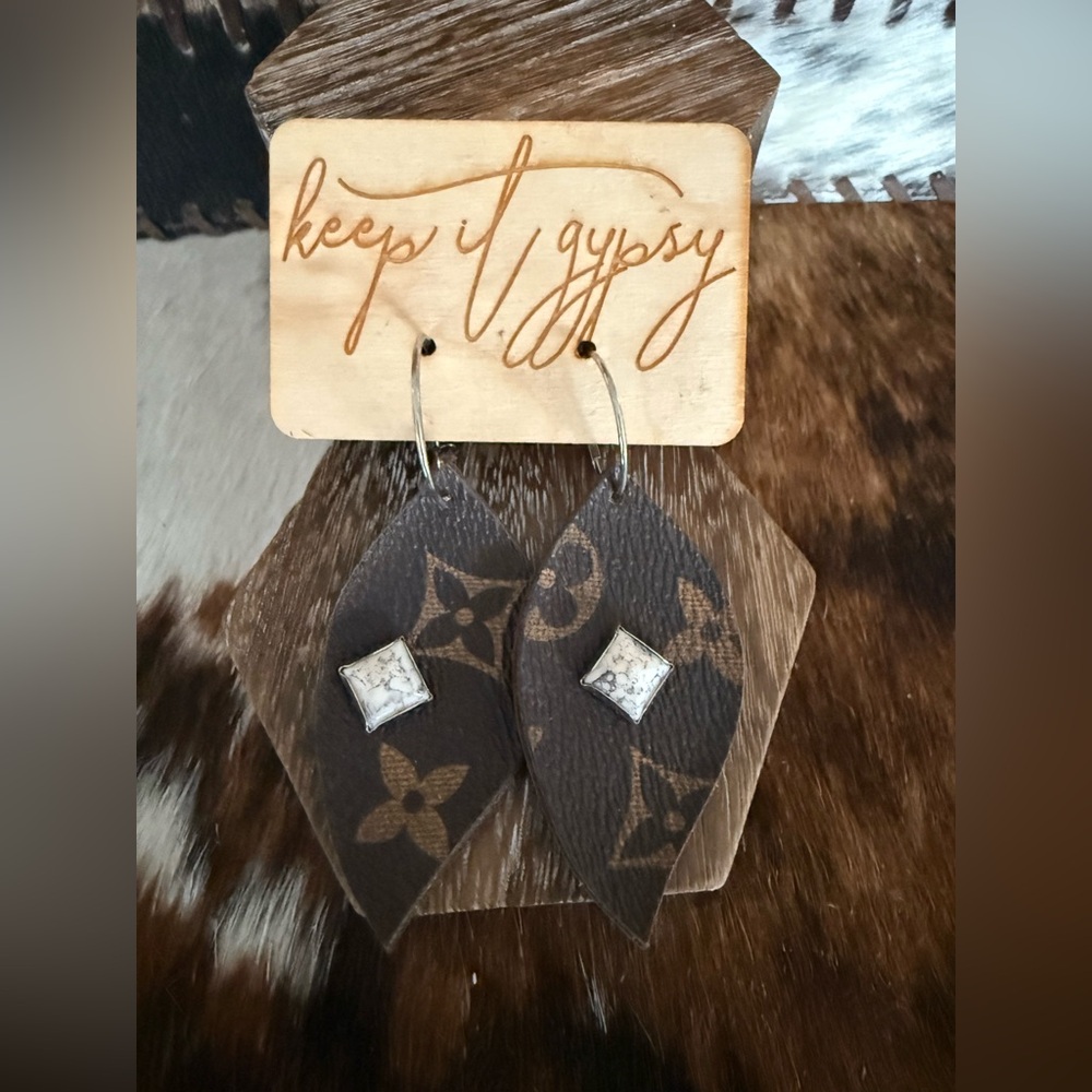 Keep It Gypsy White Buff Cowhide Genuine Design Patch Diamond Leather Earrings